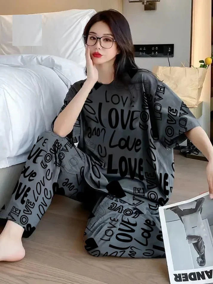 Grey All Over Love Heart Printed Night Suit (FA-507)