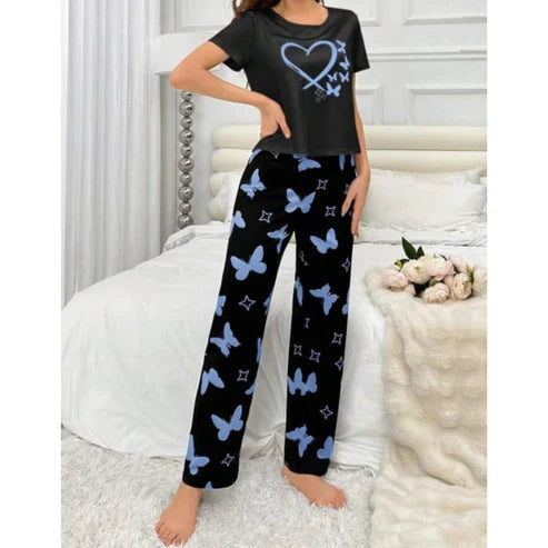 Black With Blue Butterflies Heart Printed T-shirt And Butterflies Printed Trouser Suit (FA-480)
