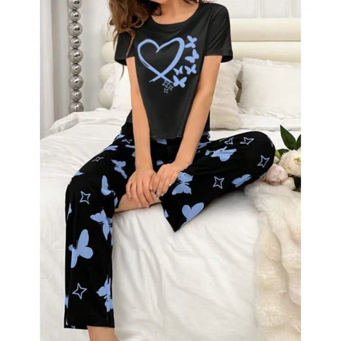 Black With Blue Butterflies Heart Printed T-shirt And Butterflies Printed Trouser Suit (FA-480)