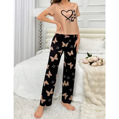 Brown With Black Butterflies Heart Printed T-shirt And Butterflies Printed Trouser Suit (FA-482)