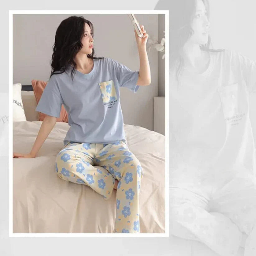 Sky Blue Pocket Flower With Flower Printed Trouser (FA-504)