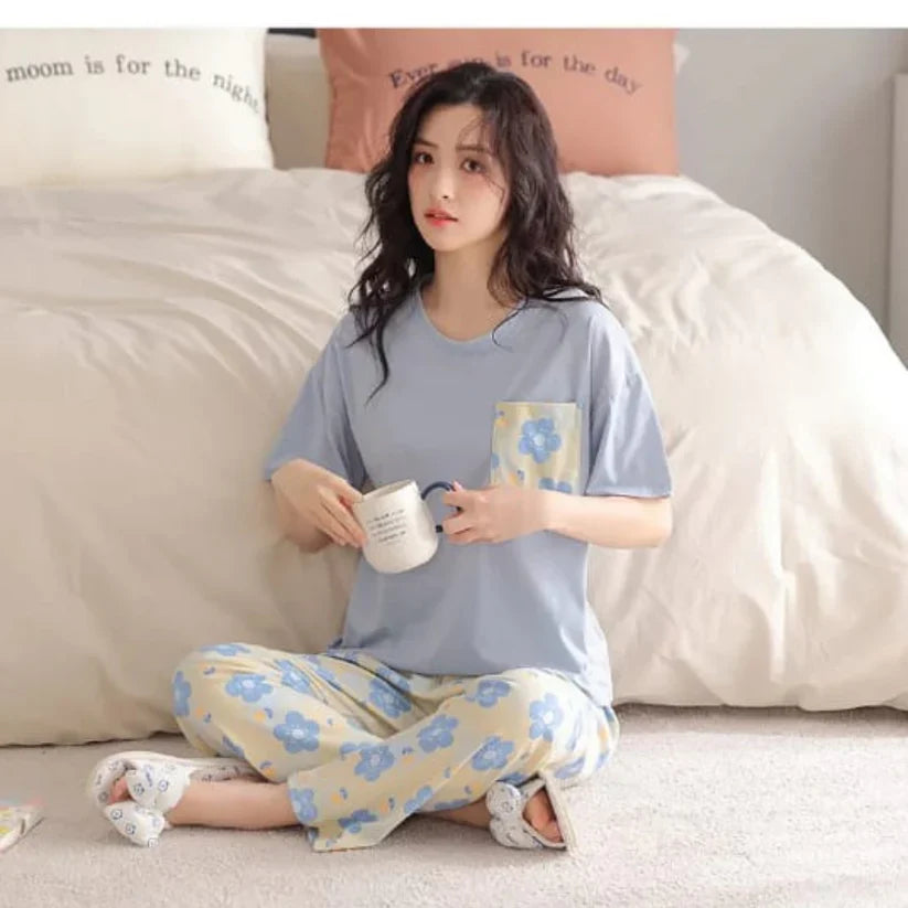 Sky Blue Pocket Flower With Flower Printed Trouser (FA-504)