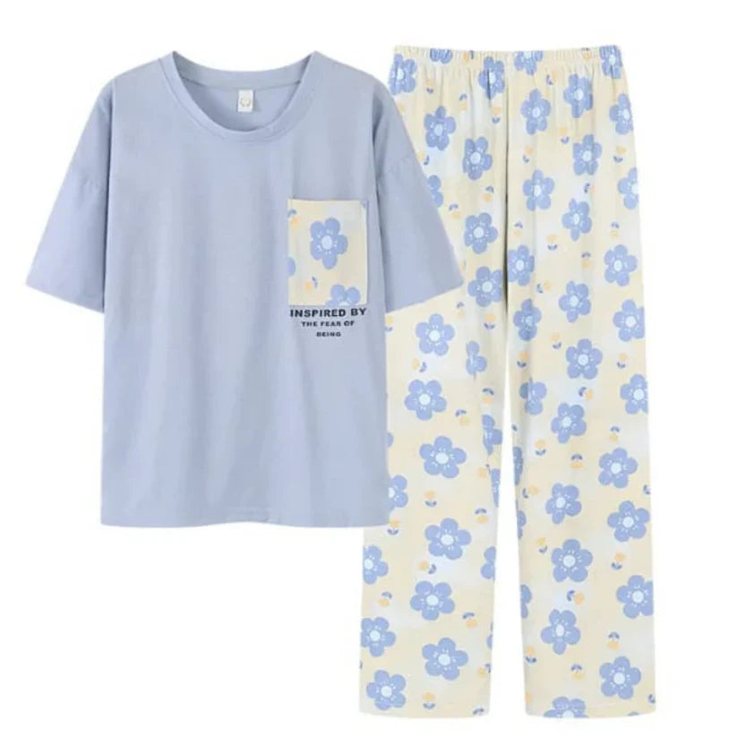 Sky Blue Pocket Flower With Flower Printed Trouser (FA-504)