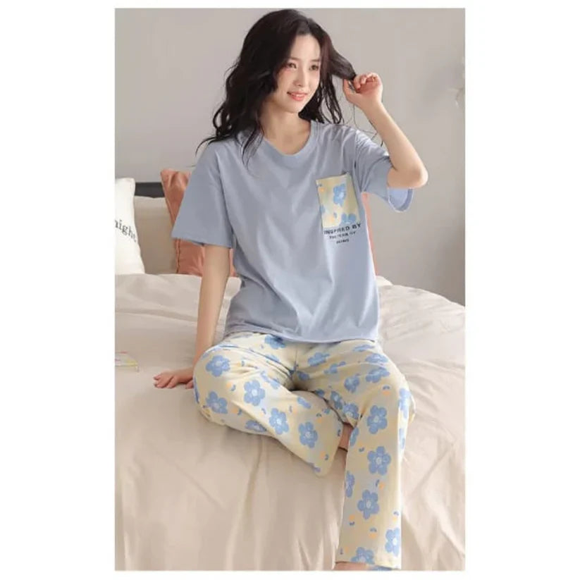 Sky Blue Pocket Flower With Flower Printed Trouser (FA-504)