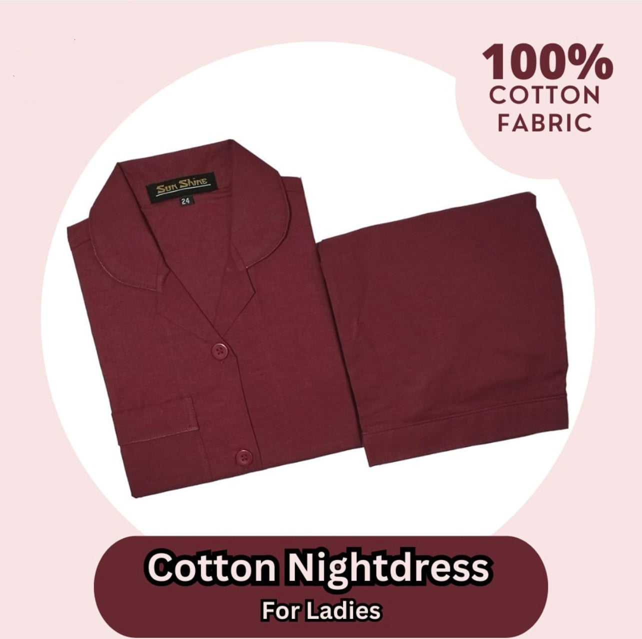 Maroon Plain Cotton Nightdress Ladies