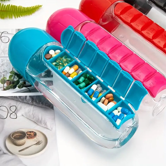 2 in 1 Pill Box Organizer with Water Bottle