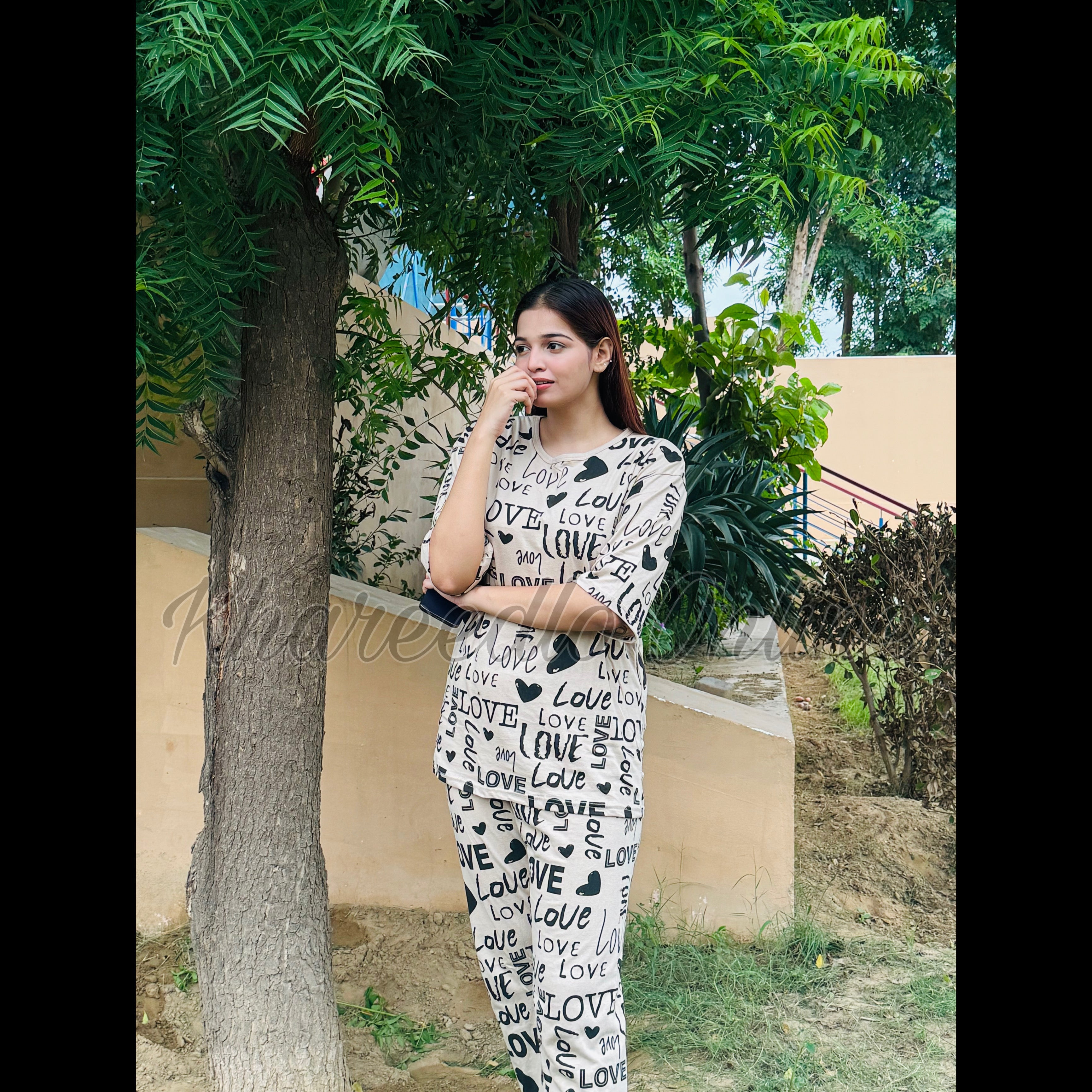 Off White All Over Love Heart Printed Night Suit (FA-505)