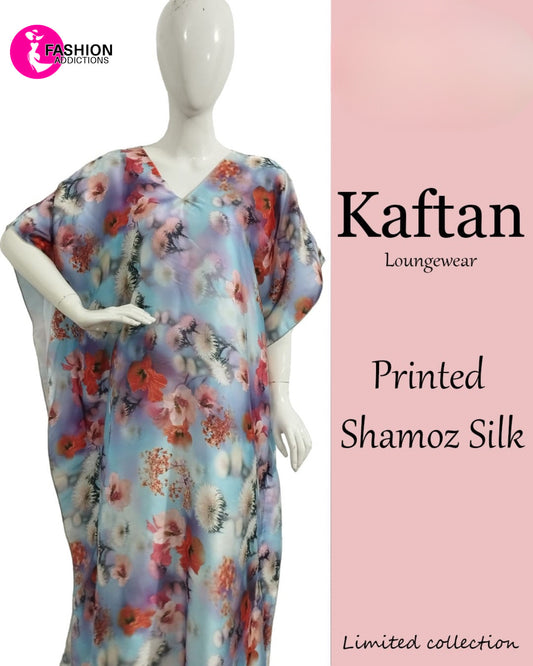 Sky Blue Floral Silk Kaftan Nightdress