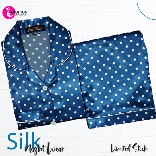 Nightwear Printed Silk Royal Blue Dots