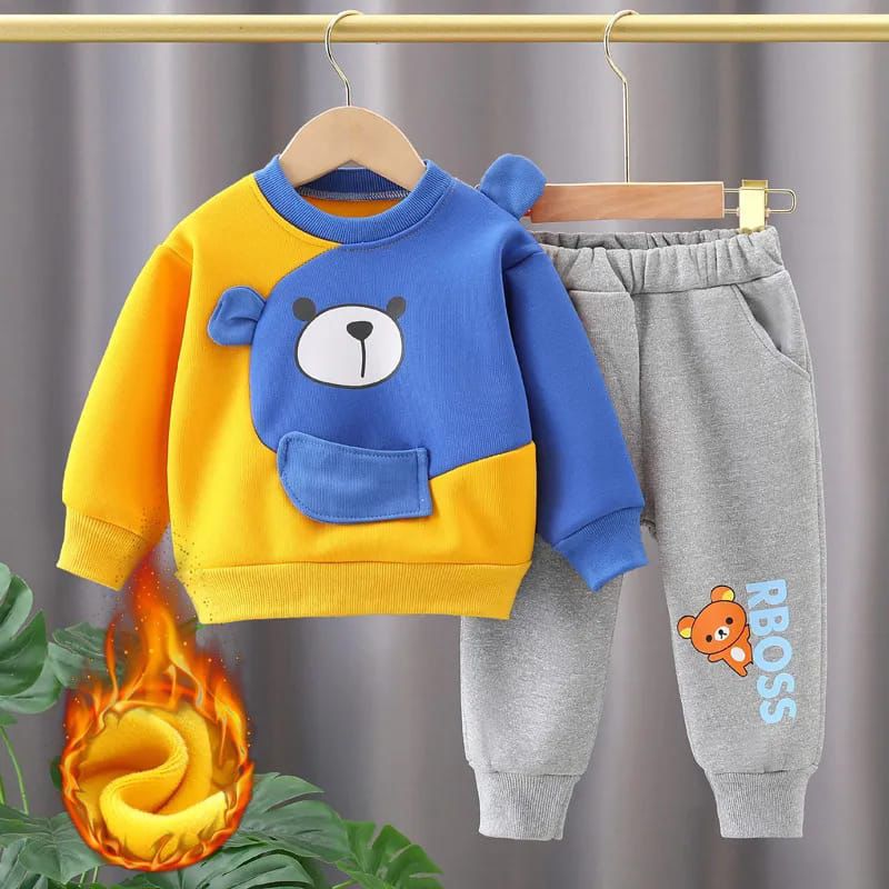 Yellow With Blue Bear Print Sweatshirt With Grey Trouser For Kids (KO-KTS-523)