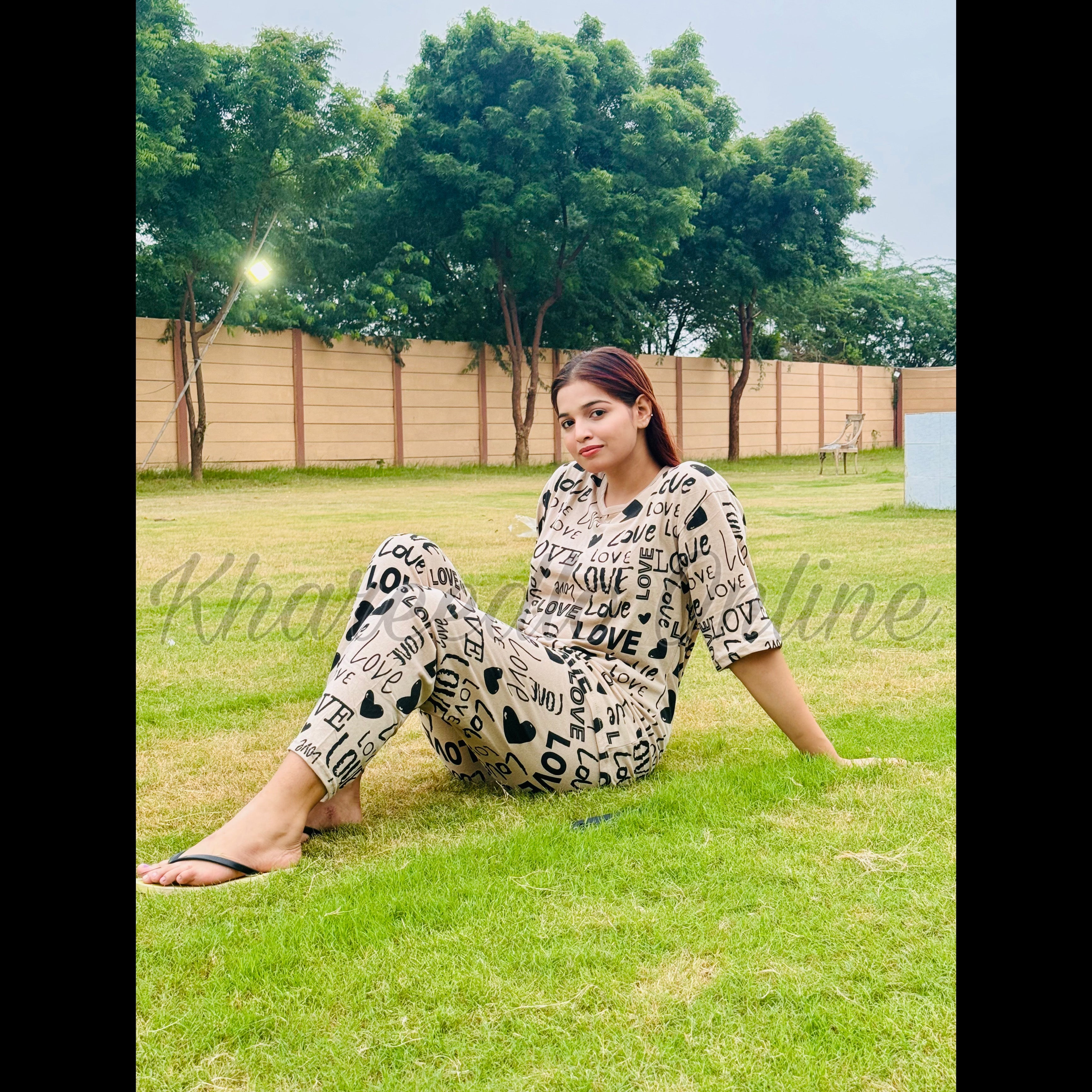 Off White All Over Love Heart Printed Night Suit (FA-505)