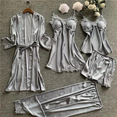 Premium Quality Silk Night Wear Honeymoon Bridal  Set Pack of 5PCS | Grey