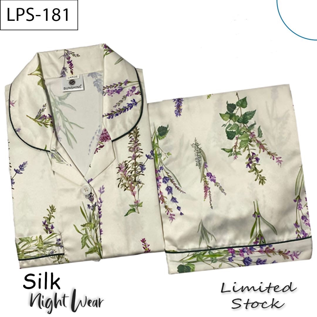 Cream Lavender Floral Printed Silk Nightdress LPS-181