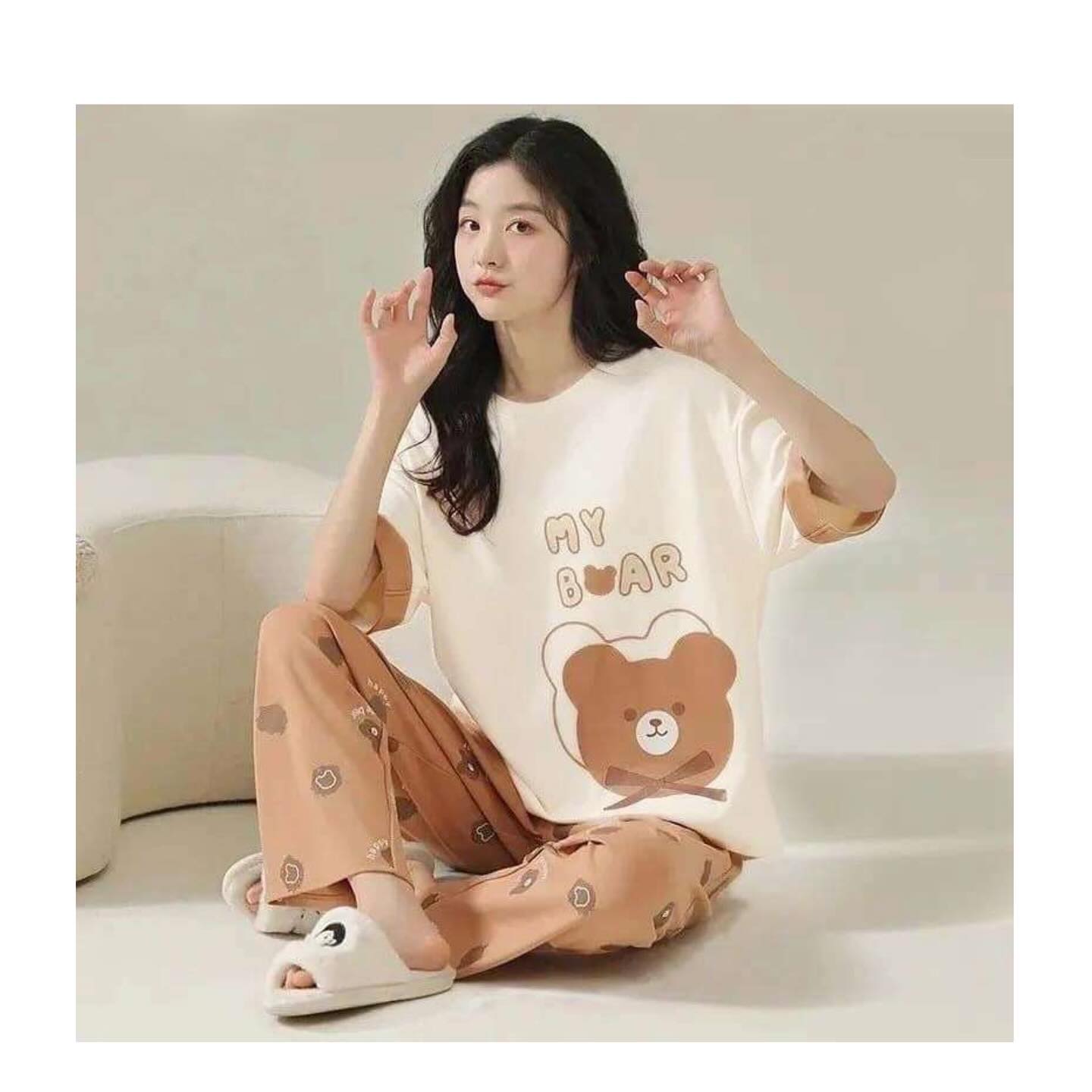 Off White My Bear Printed With Brown Bear Printed Trouser (FA-486)