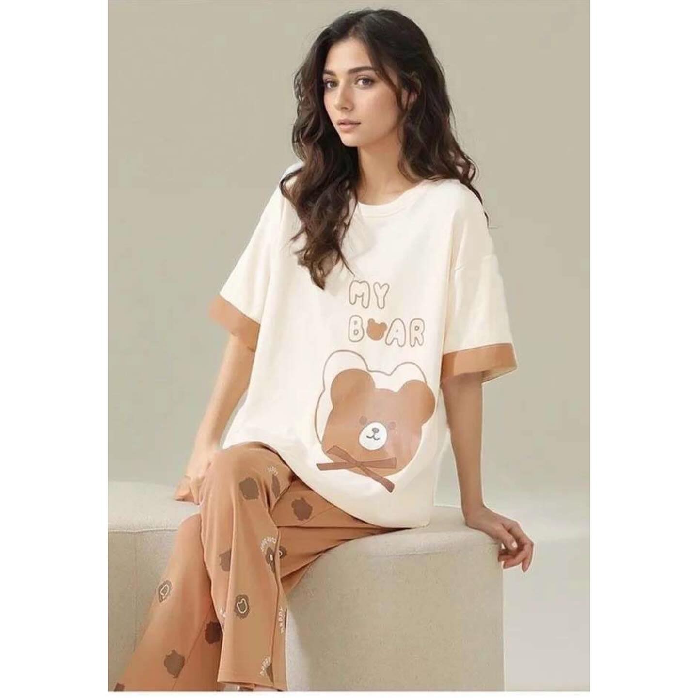 Off White My Bear Printed With Brown Bear Printed Trouser (FA-486)