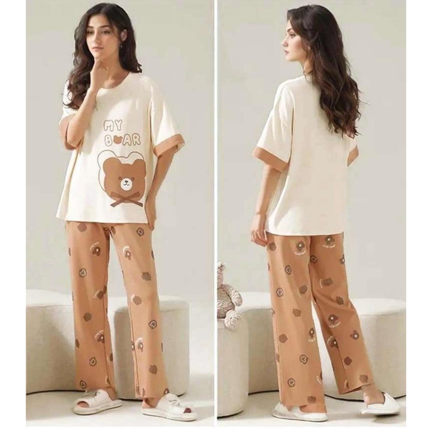 Off White My Bear Printed With Brown Bear Printed Trouser (FA-486)