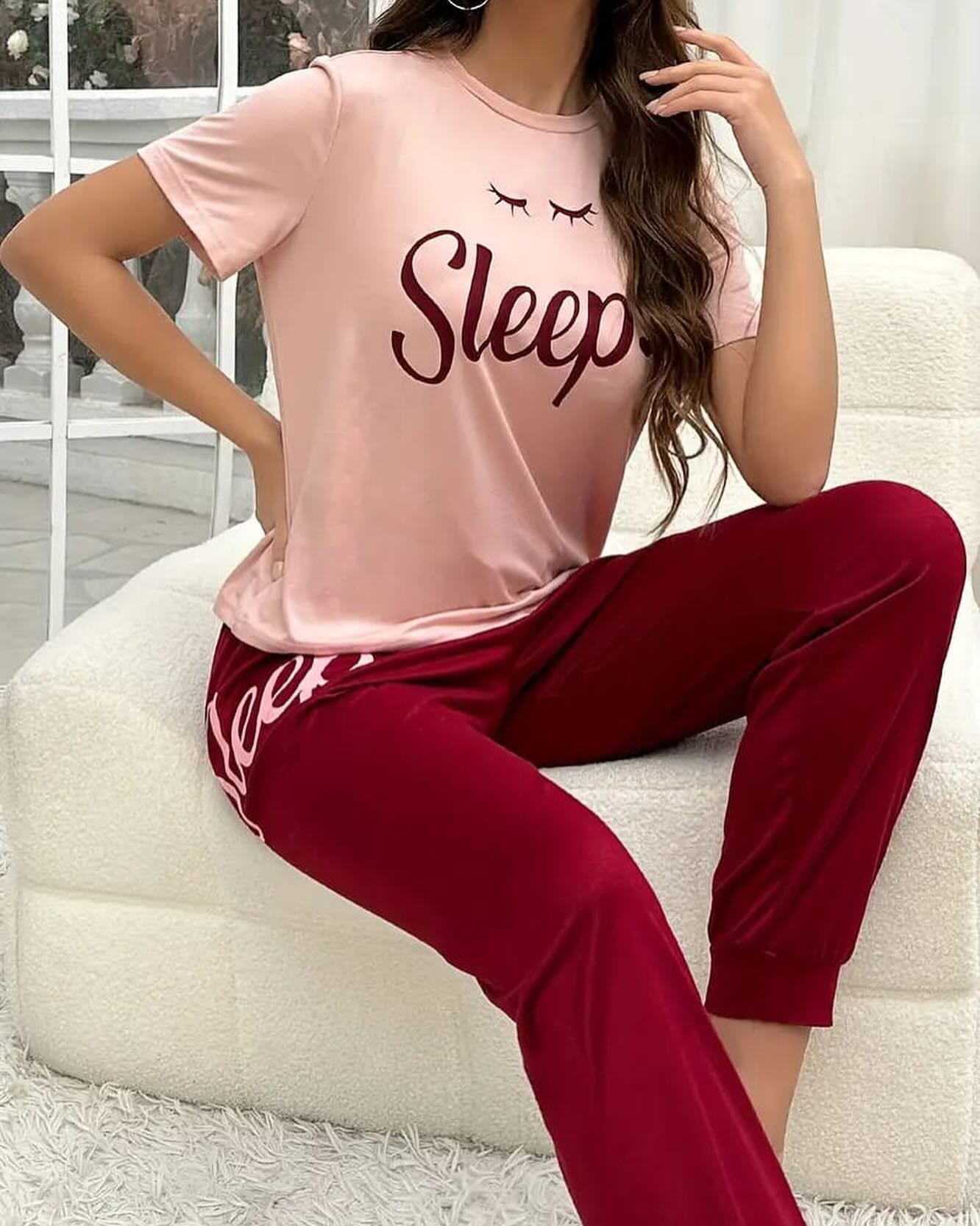 Tea Pink Sleep Shirt With Mahroon Sleep Print Trouser (FA-501)