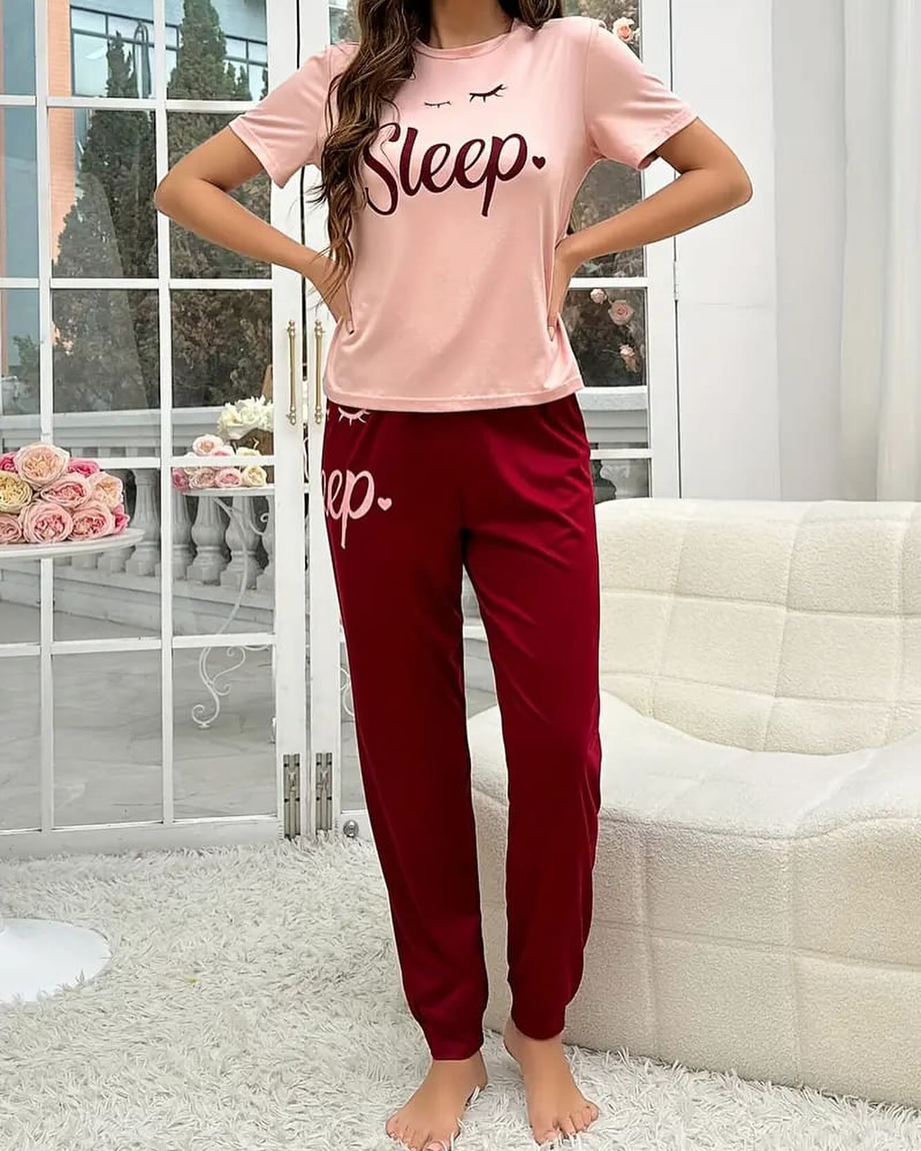 Tea Pink Sleep Shirt With Mahroon Sleep Print Trouser (FA-501)