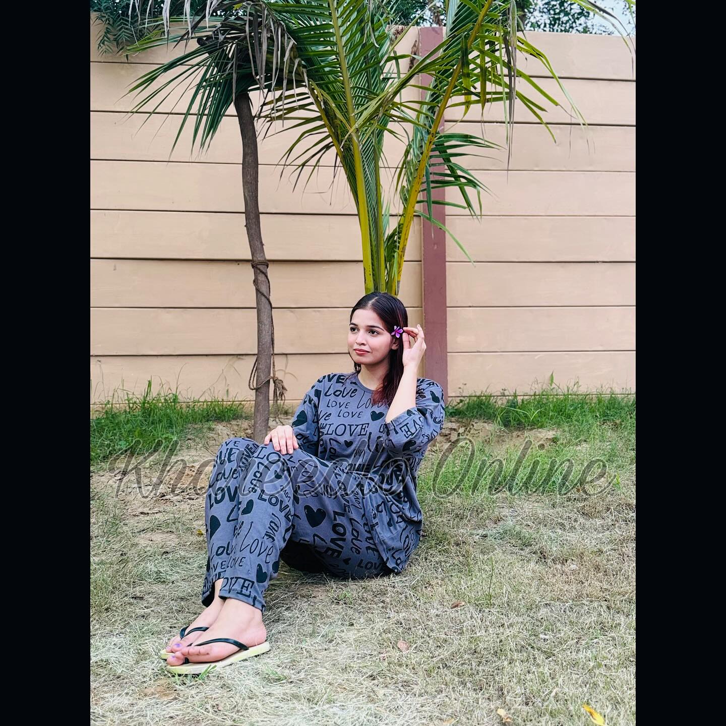 Grey All Over Love Heart Printed Night Suit (FA-507)
