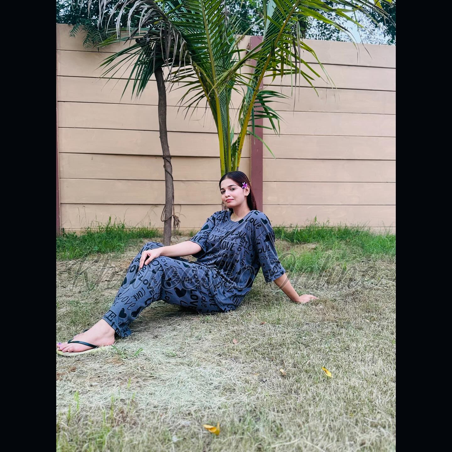 Grey All Over Love Heart Printed Night Suit (FA-507)