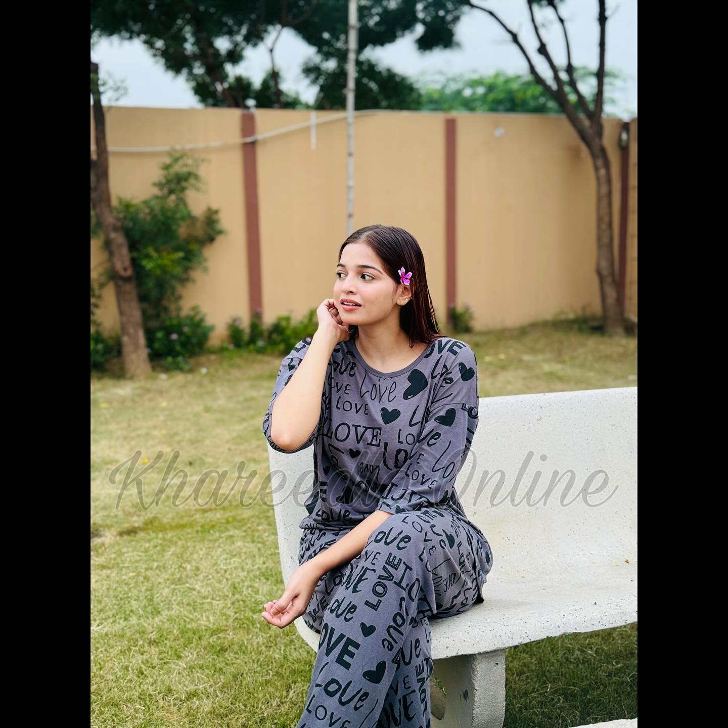 Grey All Over Love Heart Printed Night Suit (FA-507)