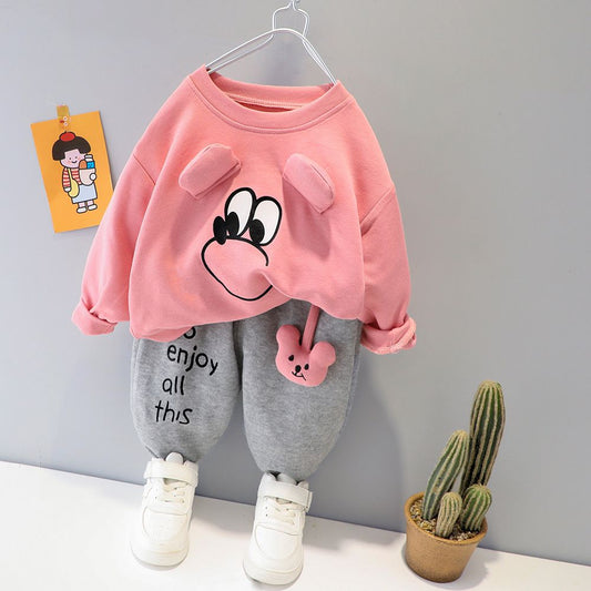 Pink Cute Eye Print Sweatshirt With Grey Trouser For Kids (KO-KTS-526)