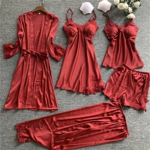 Premium Quality Silk Night Wear Honeymoon Bridal Set Pack of 5PCS | Red