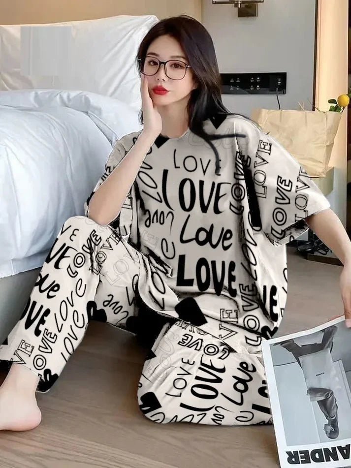 Off White All Over Love Heart Printed Night Suit (FA-505)