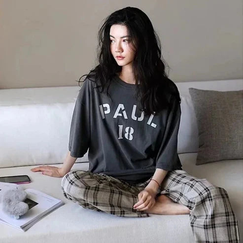 Grey PAUL 18 Half Sleeves With Check Printed Trouser Night Suit (FA-443)
