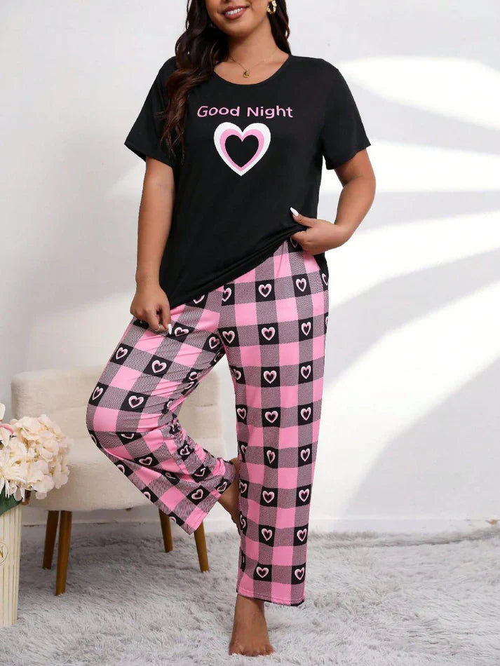 Black Good Night Hearts Printed Night Wear