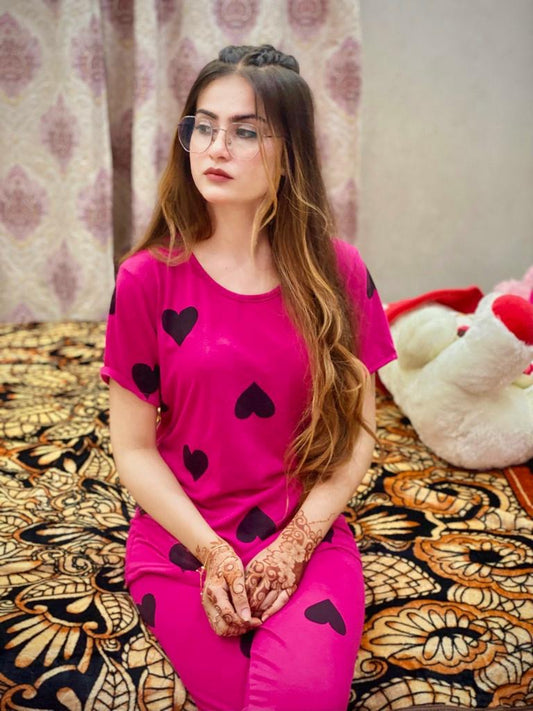 Pink Black Hearts Printed Pj Set