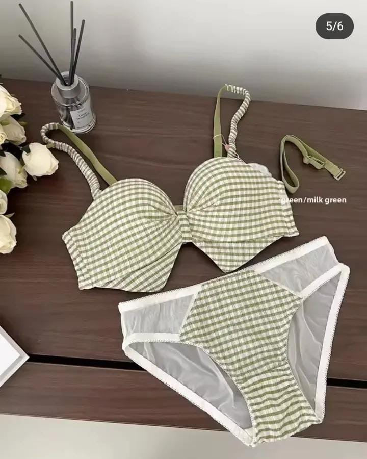 Front Bow Check Bra & Panty Set