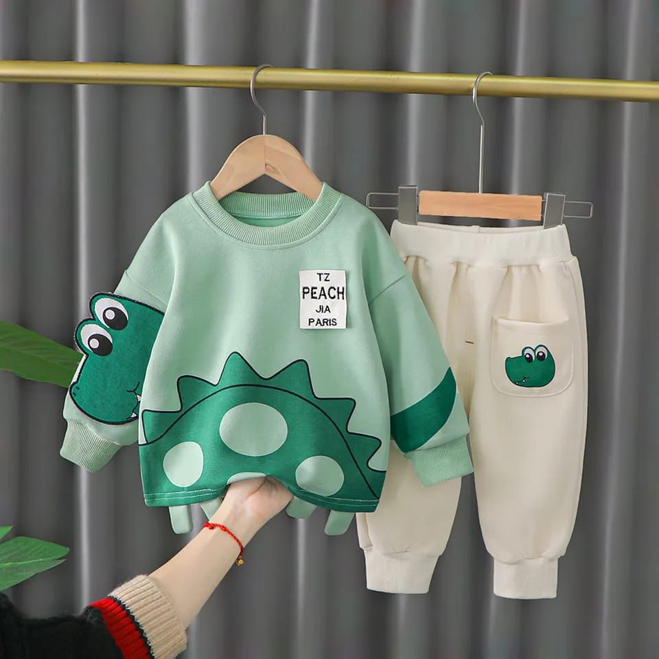 Green Crocodile Print Sweatshirt With Off White Trouser For Kids (KO-KTS-527)