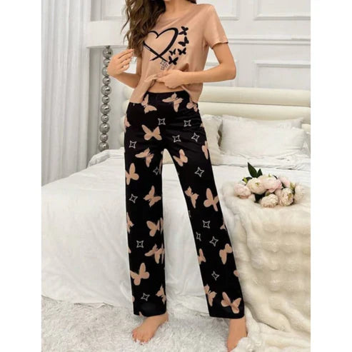 Brown With Black Butterflies Heart Printed T-shirt And Butterflies Printed Trouser Suit (FA-482)