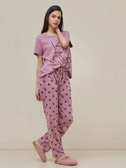 Love Sleep Shirt With Star Trouser Half Sleeves Printed Night Suit (FA-487)