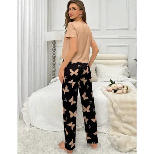 Brown With Black Butterflies Heart Printed T-shirt And Butterflies Printed Trouser Suit (FA-482)