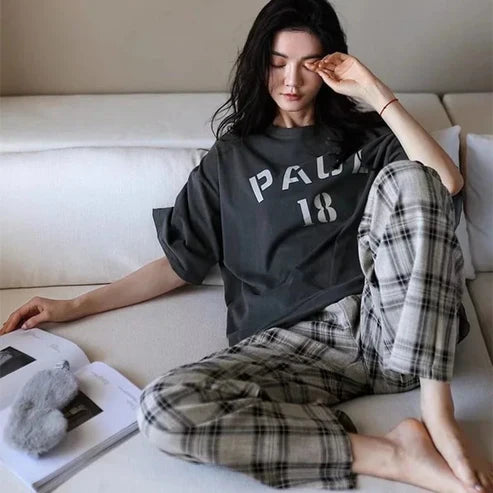 Grey PAUL 18 Half Sleeves With Check Printed Trouser Night Suit (FA-443)