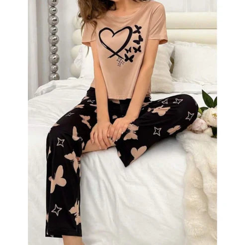 Brown With Black Butterflies Heart Printed T-shirt And Butterflies Printed Trouser Suit (FA-482)