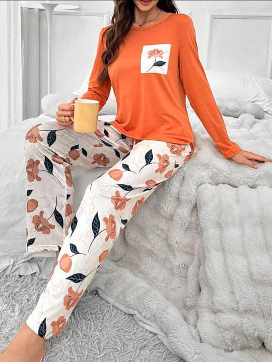 Orange Pocket Flower Printed Night Wear