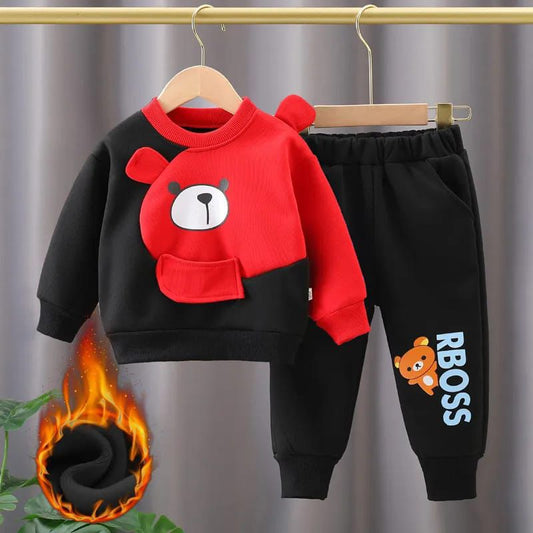 Black With Red Bear Print Sweatshirt With Black Trouser For Kids (KO-KTS-522)