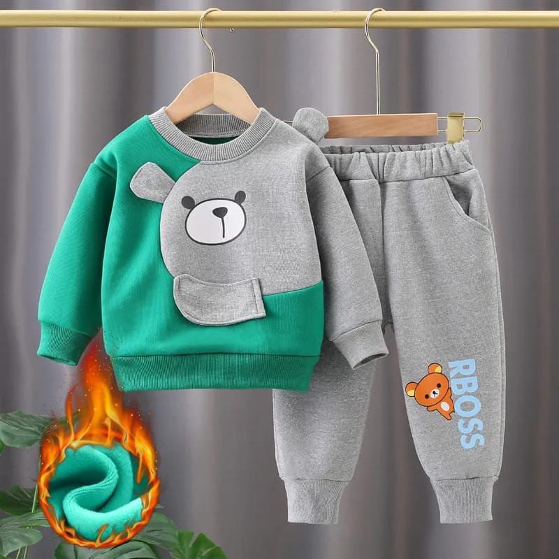 Green With Grey Bear Print Sweatshirt With Grey Trouser For Kids (KO-KTS-524)