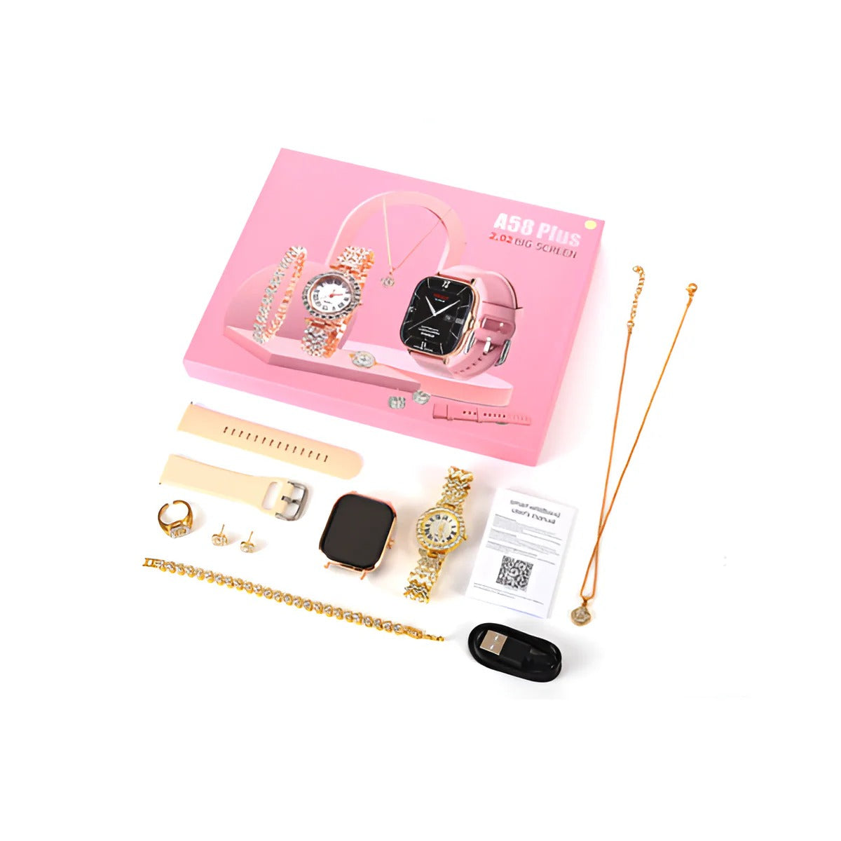 A58 Plus 8-in-1 Smart Watch & Jewelry Combo Set – Stylish Gift Box for Women
