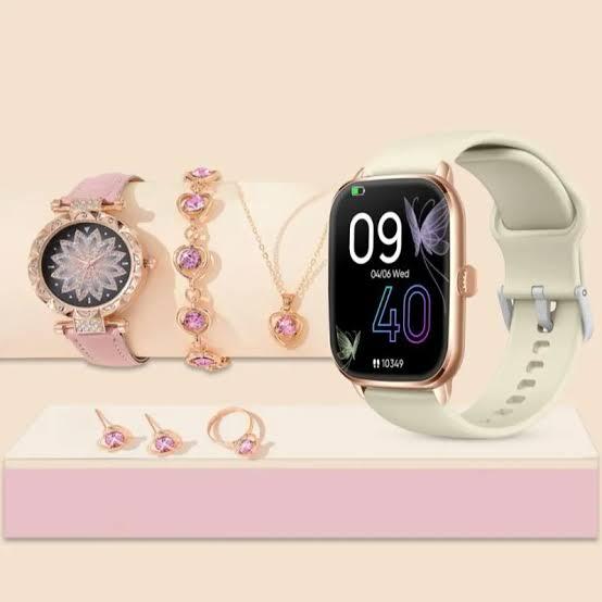 A68 Plus Smartwatch & Jewellery Gift Set – 2.2″ Touchscreen Watch, Analog Watch, Necklace, Earrings, Bracelet & Ring – IP67 Health Tracker
