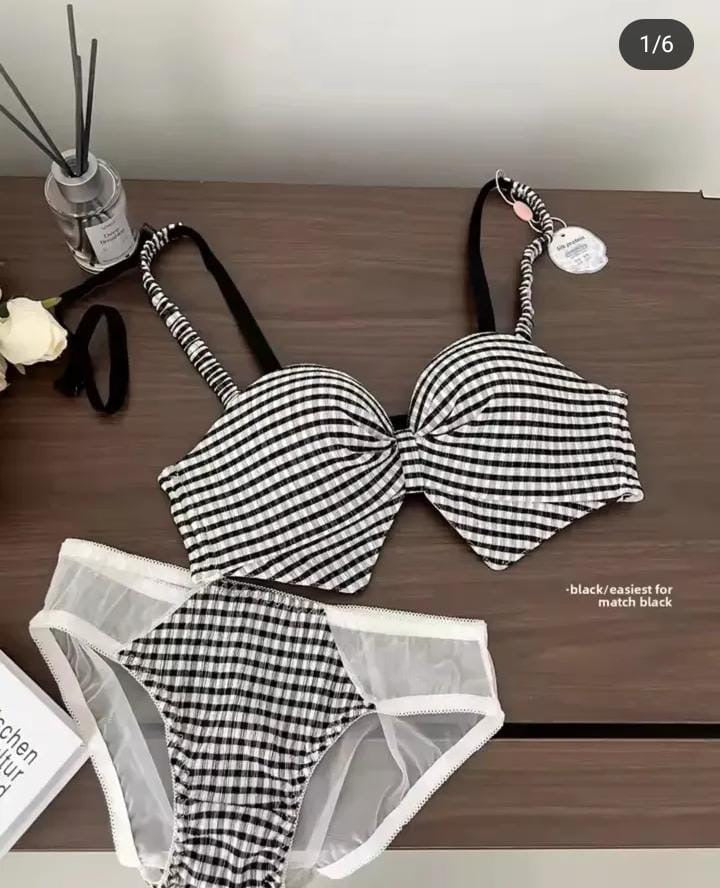 Front Bow Check Bra & Panty Set