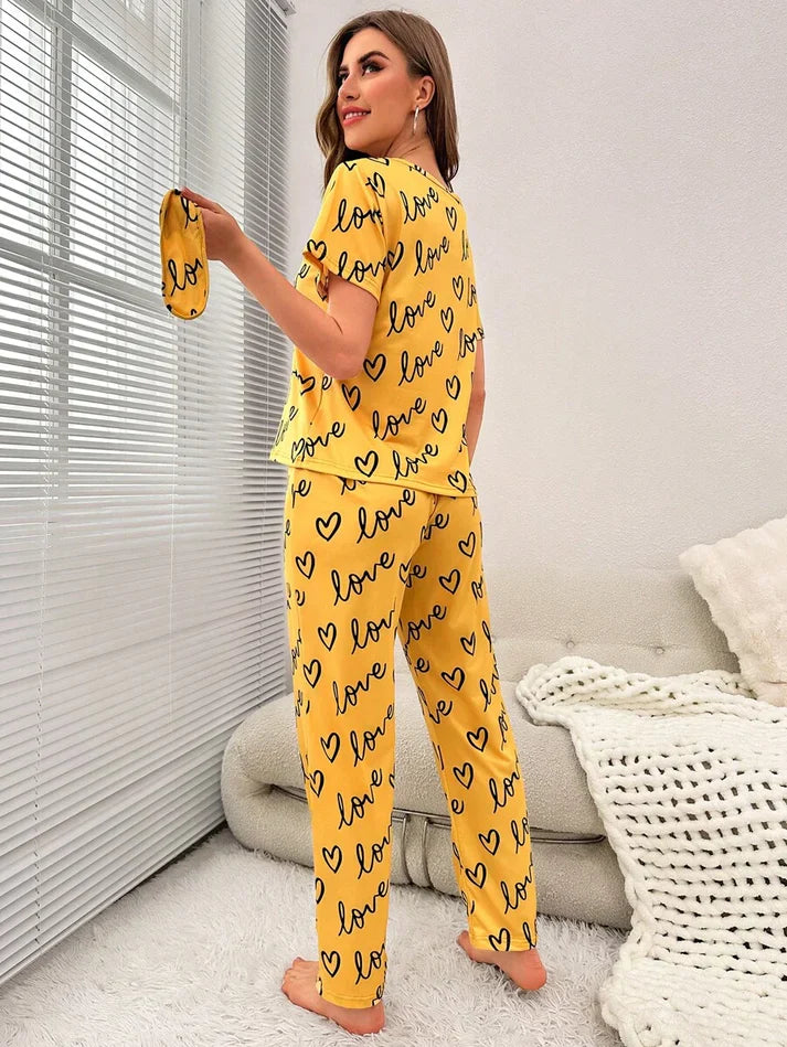Yellow Love Heart Print Half Sleeves Shirt With Printed Trouser (FA-455)