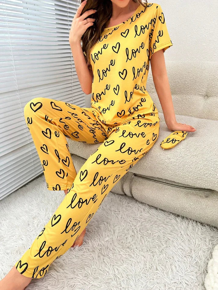 Yellow Love Heart Print Half Sleeves Shirt With Printed Trouser (FA-455)