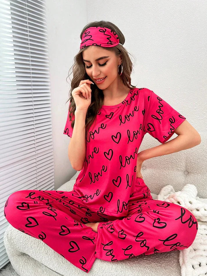 Dark Pink Love Heart Print Half Sleeves Shirt With Printed Trouser (FA-454)