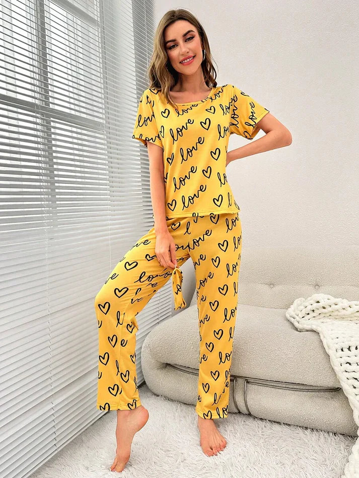 Yellow Love Heart Print Half Sleeves Shirt With Printed Trouser (FA-455)
