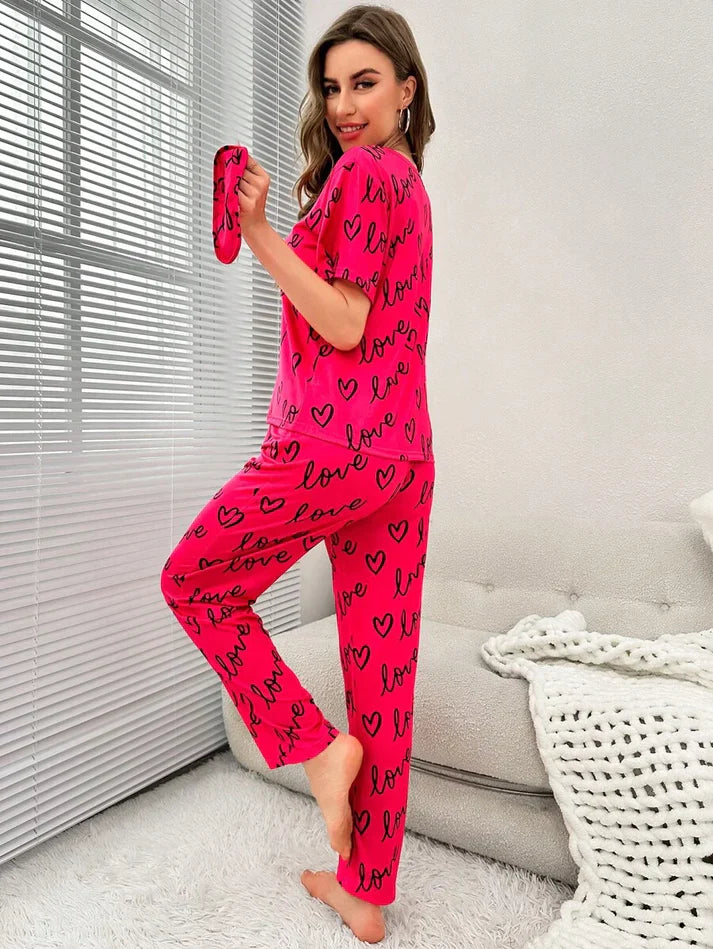 Dark Pink Love Heart Print Half Sleeves Shirt With Printed Trouser (FA-454)