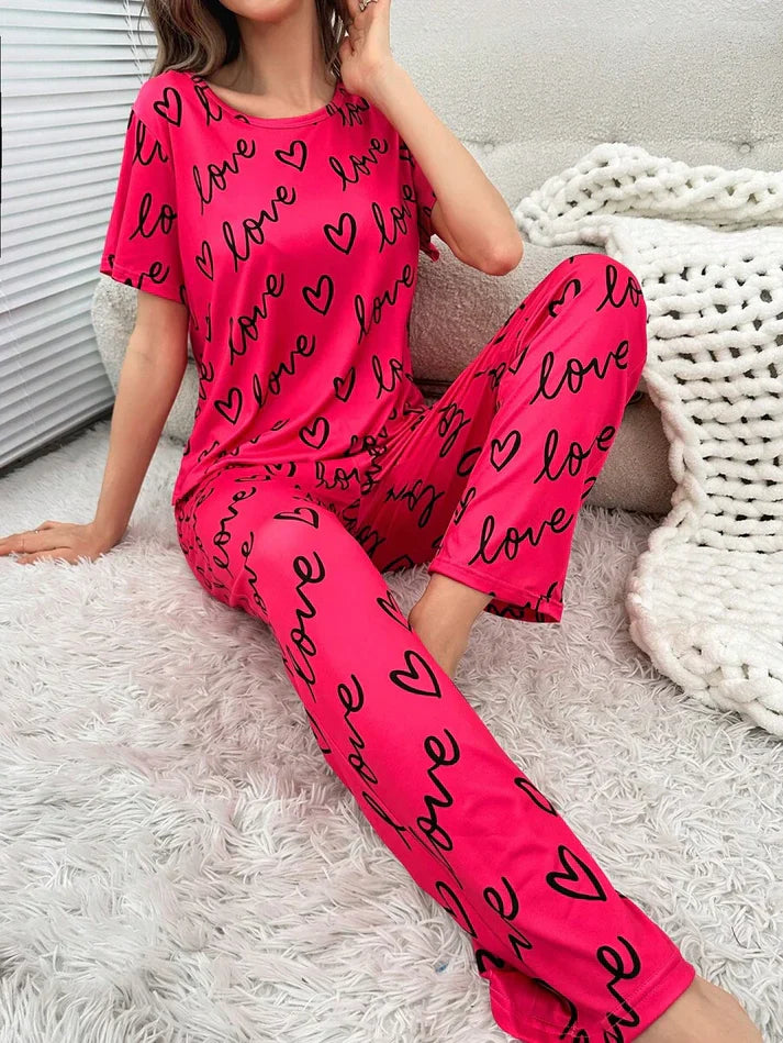 Dark Pink Love Heart Print Half Sleeves Shirt With Printed Trouser (FA-454)
